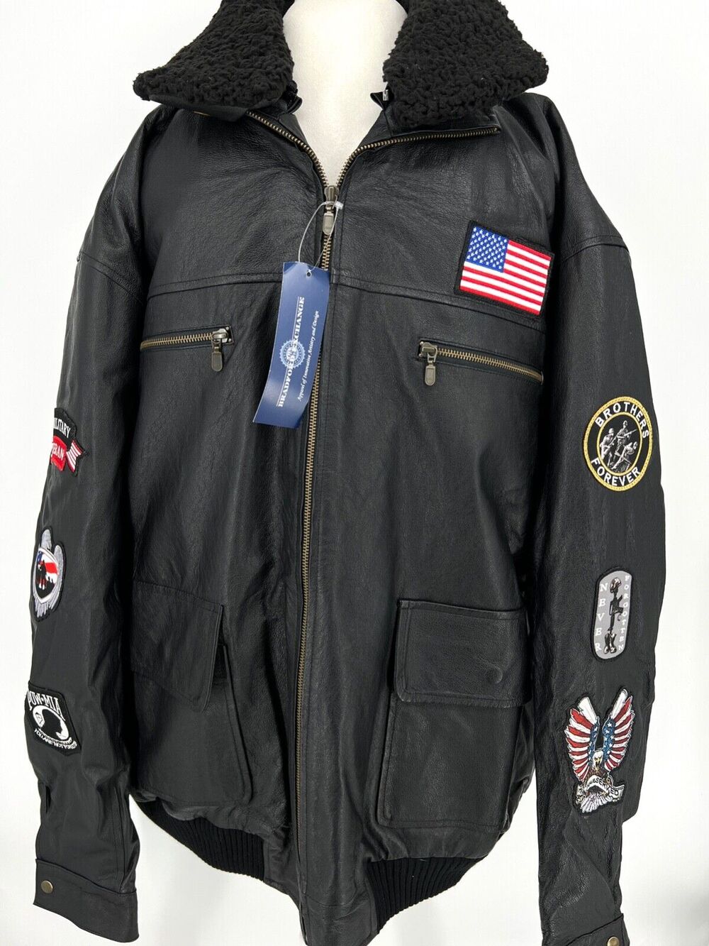 The Bradford Exchange Men's XXXL Leather Bomber Jacket Military Patches Black